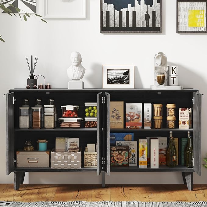 Fluted Cabinet with Storage, Buffet Sideborad with 4 Doors Kitchen Buffet Storage Accent Cabinet with Adjustable Shelves for Living Room, Entry, Hallway, Black&Grey