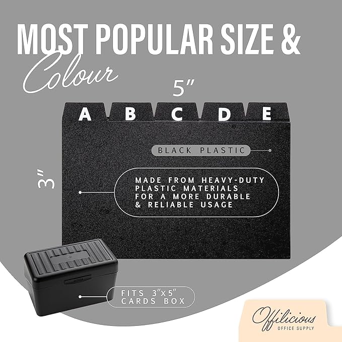 4x6 Index Card Holder Dividers - 25 Plastic Black Index Card Dividers with Alphabet Tabs - Index Card Organizer, Index Cards, Index Card File Box, Trading Card Dividers, 5 Tab Dividers