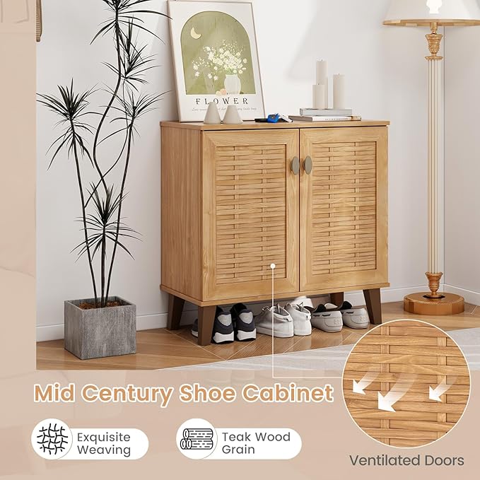 Giantex Shoe Cabinet with Doors, 4-Tier Farmhouse Shoe Rack Cabinet with 3 Adjustable Shelves, Freestanding Wood Shoe Storage Cabinet for Entryway, Closet, Hallway, Living Room-NeatNest