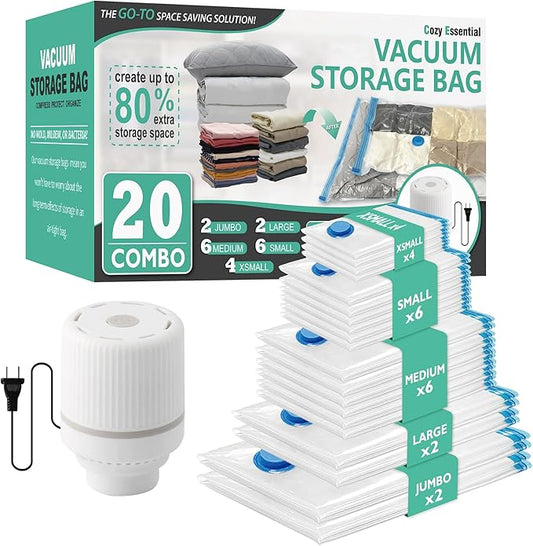 Cozy Essential 20 Pack Vacuum Storage Bags with Electric Pump, Vacuum Seal Space Saver Bags for Clothing, Pillows, Blanket, Bedding, Comforters-NeatNest
