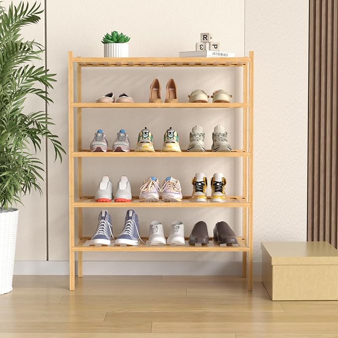 5 Tier Bamboo Shoe Rack for Closet Free Standing Wood Shoe Shelf for Entryway Small Space Stackable 27"x11"x33" (Natural)-NeatNest