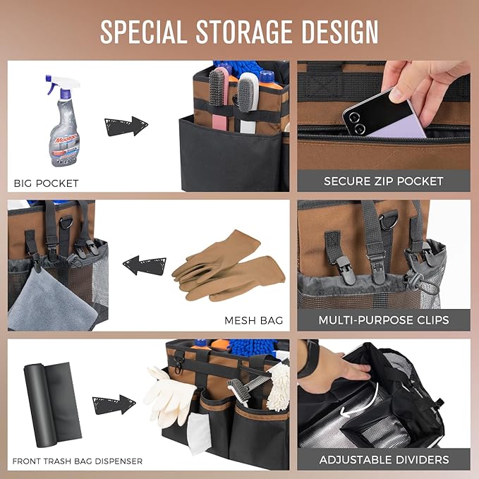 Wearable Cleaning Caddy, Cleaning Caddy Supplies Organizer with Handle & Shoulder Straps for Housekeepers, Under Sink & Car Cleaning Tool Organizers Bag with 4 Foldable Divider (Brown)