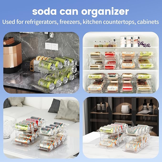 Drink Organizer for Fridge Soda Holder for Refrigerator Can Dispenser,Adjustable Width Can Holders for Fridge Suitable for Storage Cabinet and Pantry Clear (2 Pack)