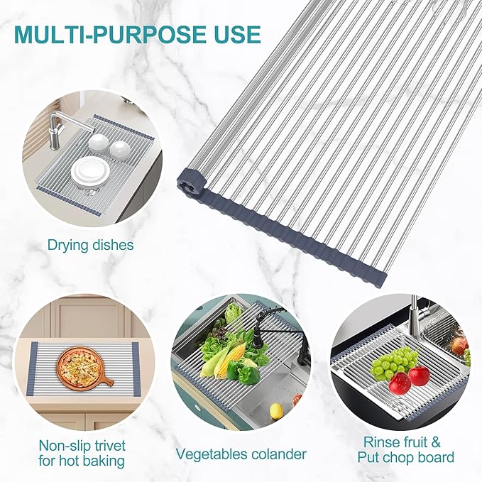 BBXTYLY Extra Expandable Roll Up Dish Drying Rack,Over The Sink Drying Rack Sink Cover Kitchen Sink Accessories Kitchen Rolling up Stainless Steel Drainer, Foldable,Rollable(Gray,22.8''-12.4'')