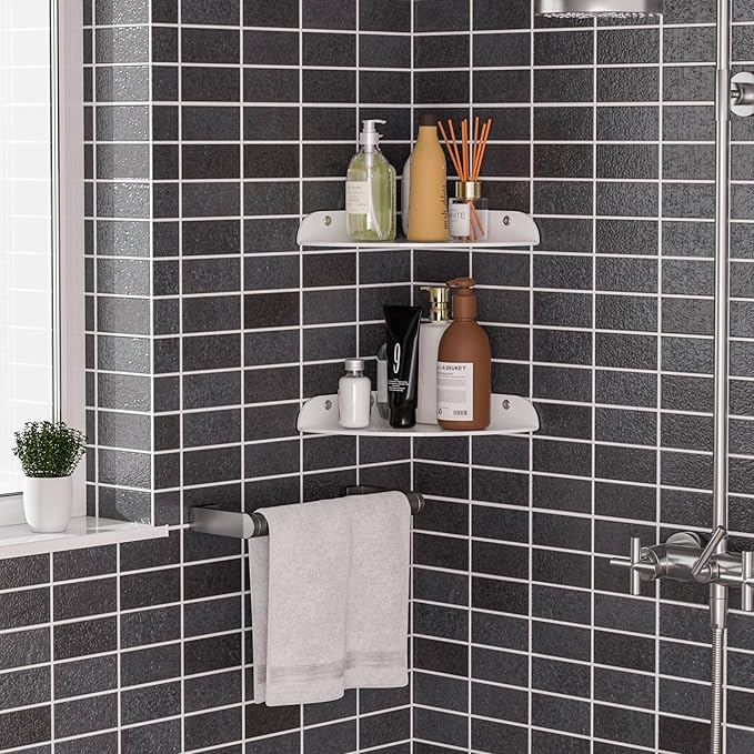 9.5x9.5 Inch Acrylic Corner Floating Shelf Set of 2, White Corner Wall Shelf for Home Décor, Speakers, Security Cameras, Toileries, Plants, Figures, Cosmetics, Books