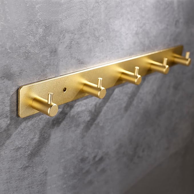 Adhesive Bathroom Gold Hook Rail, 5 Brushed Gold Wall Key Hooks Rack Hanger Towel Robe Stick Door Hooks for Bathroom Toilet Entryway Hallway Kitchen Wall Mounted