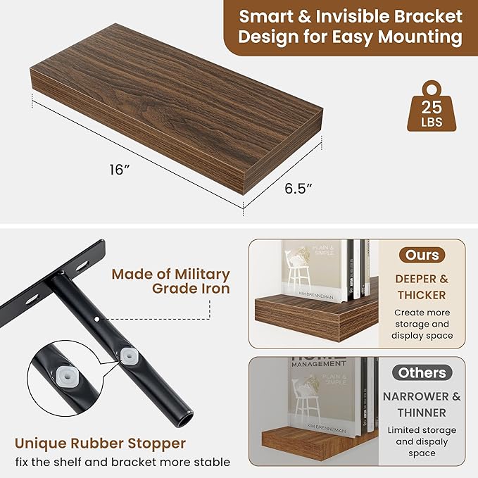 fuqing Floating Shelves for Wall, Bathroom Shelf Wall Mounted for Storage, Shelves with Invisible Bracket for Bedroom, Kitchen, Living Room, Farmhouse Small Book Shelf, 16 Inch Set of 2, Walnut-NeatNest