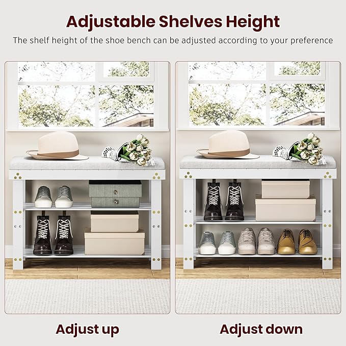 Bamboo Shoe Bench, 3-Tier Shoe Rack, Entryway Bench with Cushion and Adjustable Shelves, Shoe Rack for Entryway, Hallway, Mudroom and Living Room, White