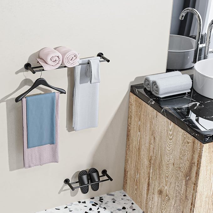 Adjustable Double Bath Towel Bar 16 to 27.6 Inch,ZUEXT Oil Rubbed Black Stainless Steel Towel Holder Hanger, Expandable Wall Mounted Towel Rail for Bathroom Kitchen, 1" Tube Towel Rail Racks w/Hooks