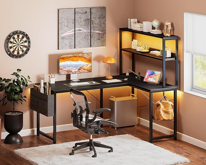 Casaottima Gaming Desk with Power Outlets & LED Lights, 43 Inch Reversible L Shaped Computer Desk with Shelves & Storage Bag, Corner Desk for Home Office, Black-NeatNest