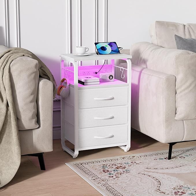 Bed Side Table with 3 Fabric Drawers, White Night Stand, LED Nightstand with Hooks, Bedside Table with Charging Station, End Table with Storage, Night Table for Living Room, Bedroom, Dorm-NeatNest