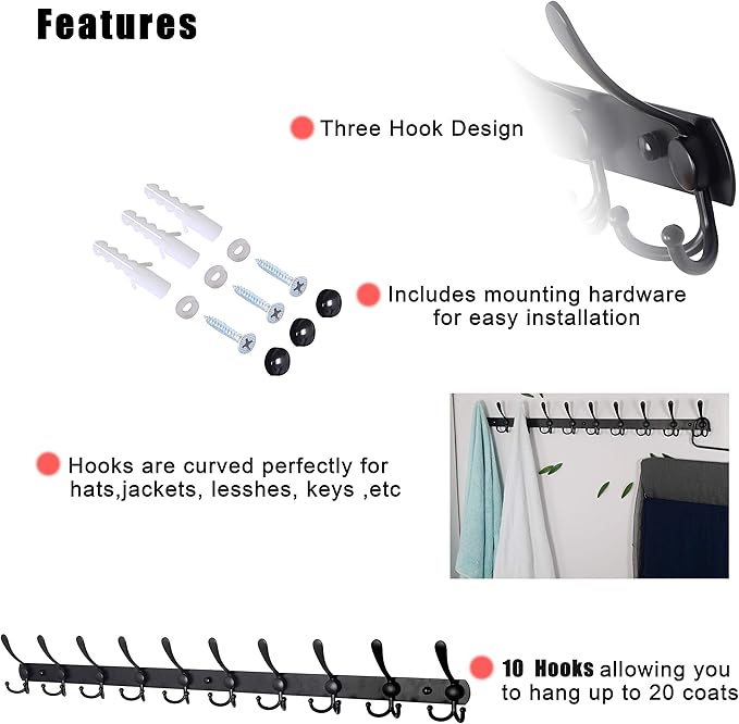 Dseap Coat Rack Wall Mount - 38” Long 10-Tri-Hooks Heavy Duty Coat Hanger Rail Wall Hooks for Hanging Coats Hats Clothing Clothes Purse Mudroom Entryway, Black, Pack of 2-NeatNest