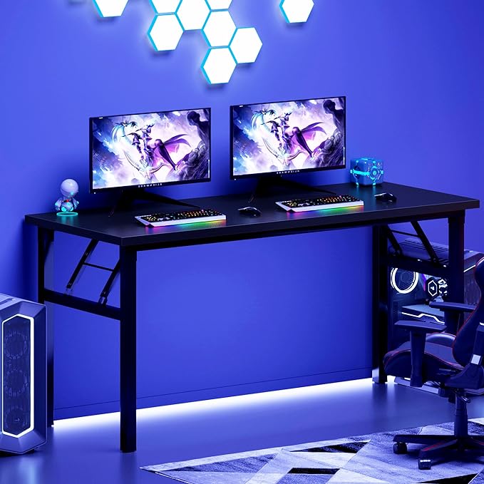 DlandHome Computer Desk 62 inches Office Desk Computer Table Study Writing Desk Workstation for Home Office Metal Frame Black and Black-NeatNest