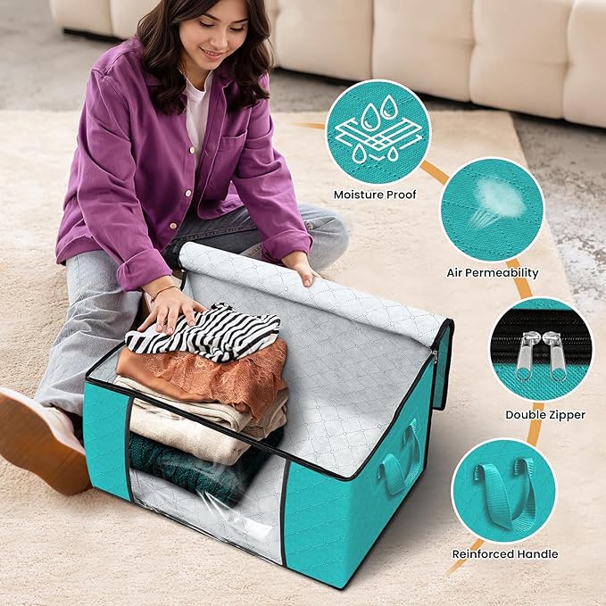 Fab totes 10 Pack Clothes Storage, Foldable Thick Fabric Blanket Storage Bags, Containers for Organizing Bedroom, Closet, Clothing, Comforter,Closet Organization with Handle,Green-NeatNest
