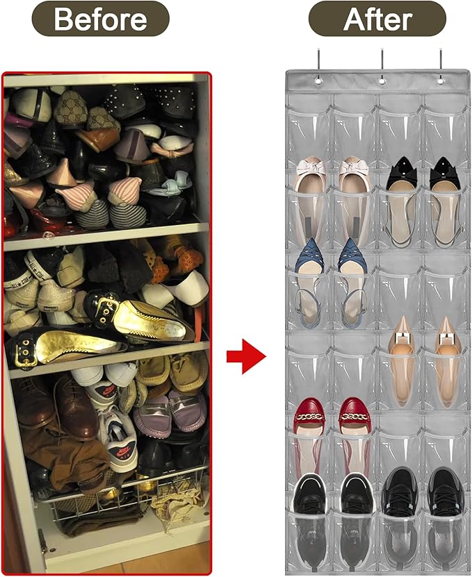 Over The Door Shoe Organizer - Space Saving Shoe Rack for Closet Door with 24 Pockets and Hook, Shoe Holder Back of Door Organizers for Shoes, Gray Hanging Shoe Organizer (Gray)-NeatNest