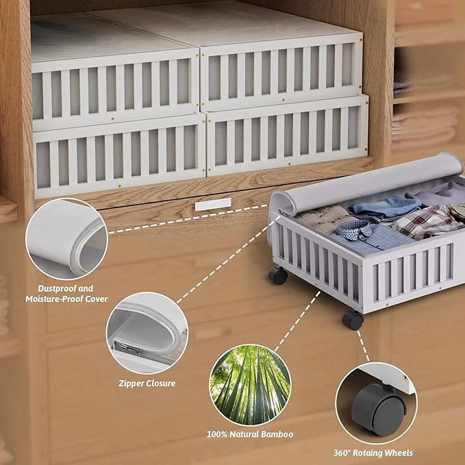 Bamboo Under Bed Storage Containers with Wheels, 2 Pack Under the Bed Shoe Storage Bins, Wood Rolling Underbed Drawers Organizer for Bedroom, Closet, Clothes Blanket Comforter and Under Crib Toy White-NeatNest