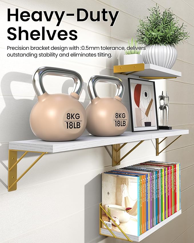 BAYKA Wall Shelves for Bedroom Decor, Floating Wall Shelves for Living Room Kitchen Storage, Wall Mounted Rustic Wood Shelves for Kids Books, Corner Shelf for Bathroom(White and Gold,Set of 4)-NeatNest