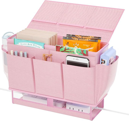 Bedside Caddy Bedside Organizer,Bed Caddy with 11 Pockets and Power Strip Holder,Versatile Bedside Storage Caddy for Home,Dorm,Bunk,Hospital,Crib Bed (Pink)-NeatNest