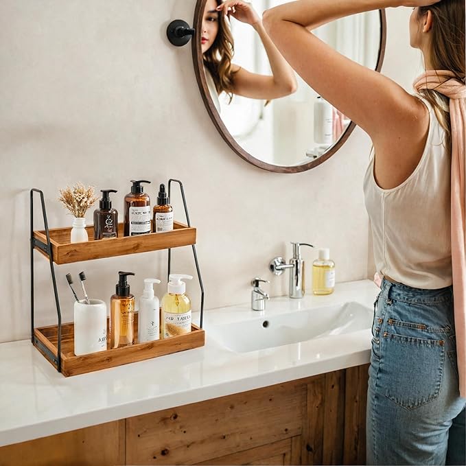 Acacia Bathroom Organizer Countertop 13.6 x 14 x 6.7 inches, 2-Tier Wood Counter Standing Rack, Countertop Storage Shelf for Organizing Bathroom Kitchen Office Desk Vanity Cosmetic Balcony