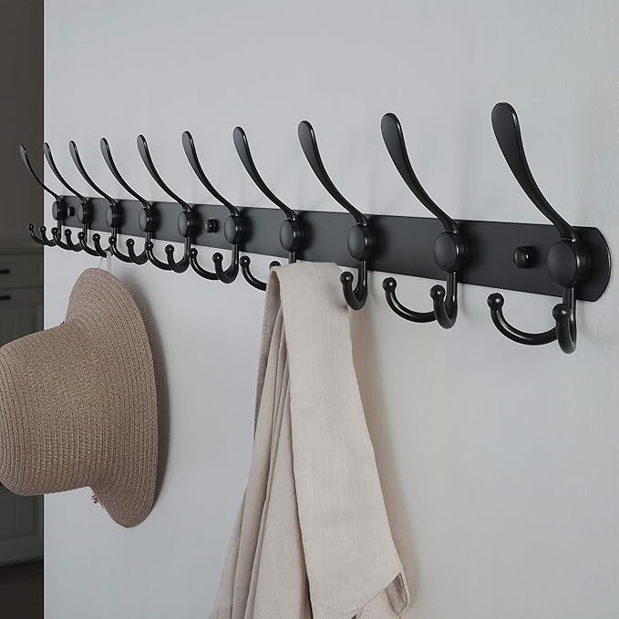 Dseap Coat Rack Wall Mount - 38” Long 10-Tri-Hooks Heavy Duty Coat Hanger Rail Wall Hooks for Hanging Coats Hats Clothing Clothes Purse Mudroom Entryway, Black, Pack of 2-NeatNest