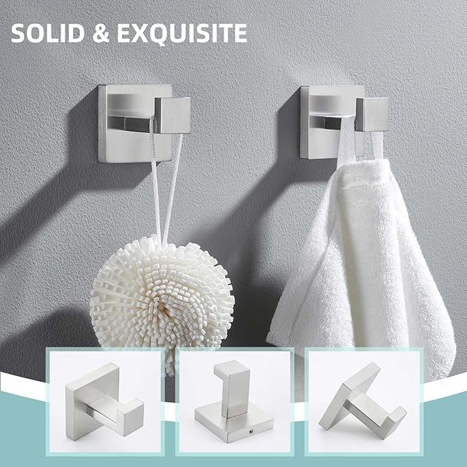 Angle Simple Towel Hooks for Bathroom, SUS 304 Stainless Steel Robe Coat Hooks for Wall, Brushed Nickel, 2 Pack