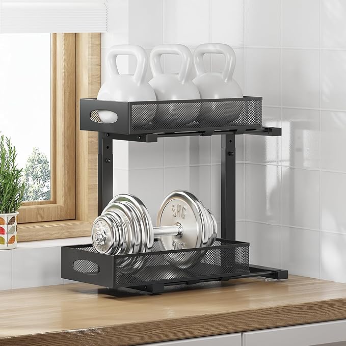 Under Sink Organizer, 2-Tier Put Out Cabinet Organizer, Adjustable Rust Proof Under Sink Organizers and Storage, Kitchen Undersink Organizers for Kitchen, Bathroom, Cabinet, Counter, 2 Pack, Black-NeatNest