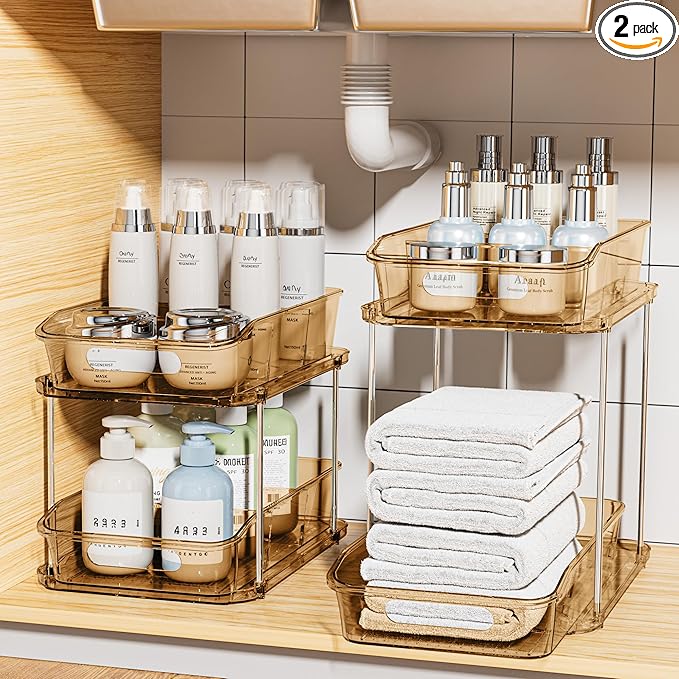 Delamu 2 Sets of 2-Tier Clear Under Sink Organizers and Storage, Multi-Purpose Stackable Bathroom Cabinet Organizers, Amber-NeatNest