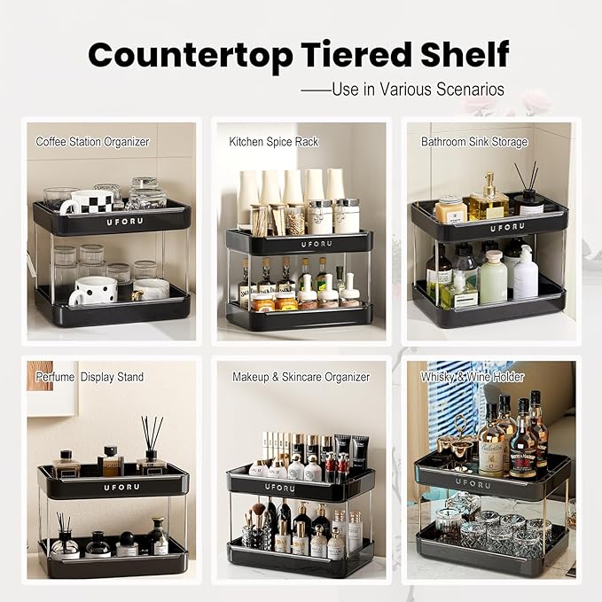 Countertop Coffee Station Organizer, 2 Tier Wine Glass Holder, Mug Display Shelf with Removable Drain Tray, Spice & condiment Rack for Kitchen, Bathroom Countertop Organizer, Black-NeatNest