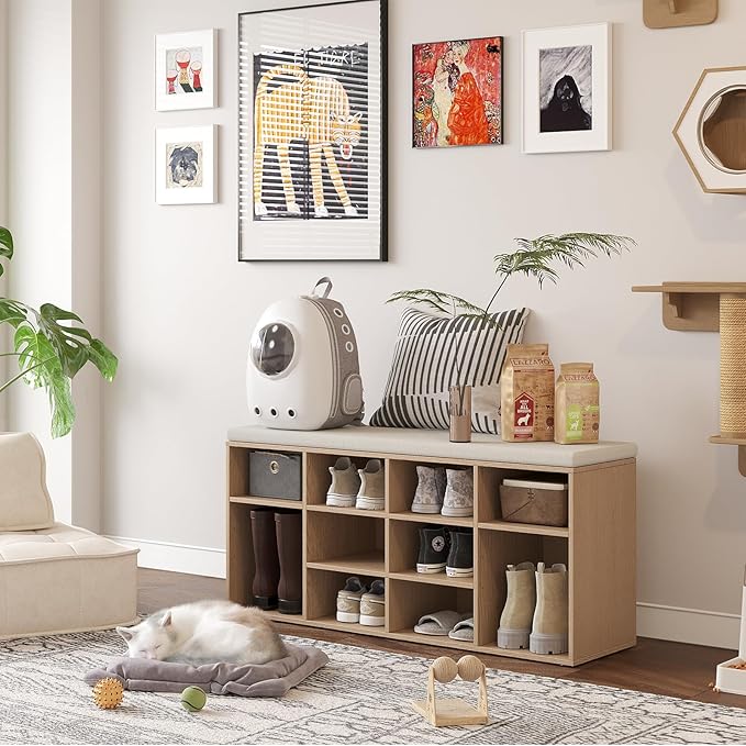 DINZI LVJ Shoe Storage Bench with Cushion, 12-Cubby Shoe Rack, Adjustable Shelves, 40.9" Long Shoe Organizer Bench for Entryway, Mudroom, Hallway, Garage, Natural and Cappuccino Beige-NeatNest