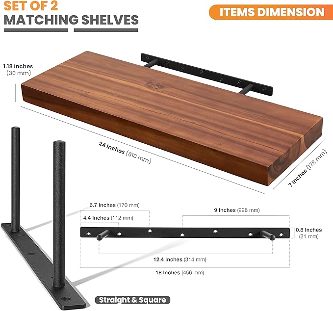 BATODA Set of 2 24" Acacia Wood Floating Shelves Wall Mounted – Rustic Farmhouse Wooden Wall Storage Shelf for Bedroom, Kitchen, Home Décor - Brackets and Shelving Hardware Included-NeatNest