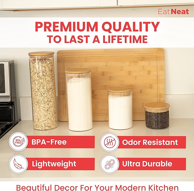 EatNeat 4‑Piece Glass Canister Set with Airtight Bamboo Lids – Giftable Kitchen Storage – Tall Jar Fits Spaghetti – 74/56/36/20 oz for Pantry, Dry Goods, Coffee, Snacks & More