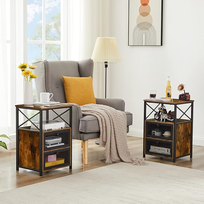 VECELO Nightstand Set of 2, End Table with Flip Drawer, Modern Night Stand for Bedroom Living Room, Office, Easy Assembly, 2 PCS, Brown