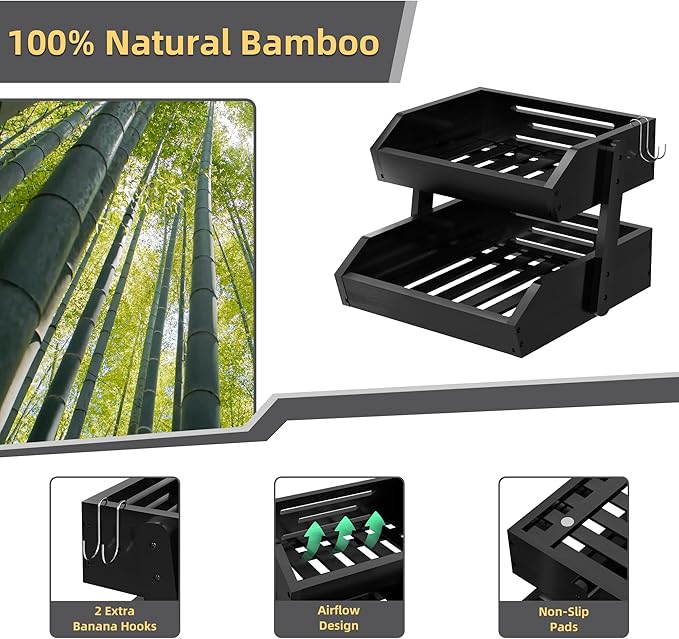 Bamboo 2 Tier Fruit Basket for Kitchen Counter, Large Capacity Fruit Storage Countertop, Fruit Holder, Wood Pantry Organizers and Storage, Kitchen Countertop Organizer With Two Banana Hangers (Black)