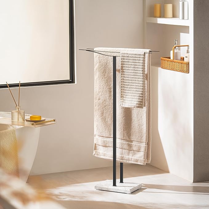 Bathroom Towel Rack Freestanding Floor Stand: Black 36in 2‑Bar Weighted Marble Base Towel Holder, Rustproof 304 Stainless Steel Drying Rack for Bath&Hand Towels, No‑Drill Slim Organizer, Spa Pool