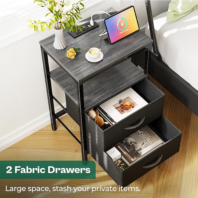 Huuger Nightstands Set of 2, End Tables with Charging Station, Side Tables with Fabric Drawers, Bedside Tables with USB Ports and Outlets, Night Stands for Bedroom, Charcoal Gray