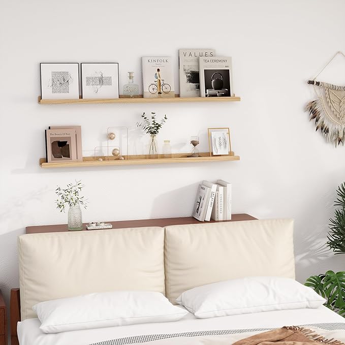 Floating Shelves for Wall | Picture Ledge Shelf Set of 2 | Solid Ash Wood Floating Shelves with Lip | 55 Inch Natural Wood Picture Shelf for Wall with Ledge | Photo Ledge Shelves-NeatNest