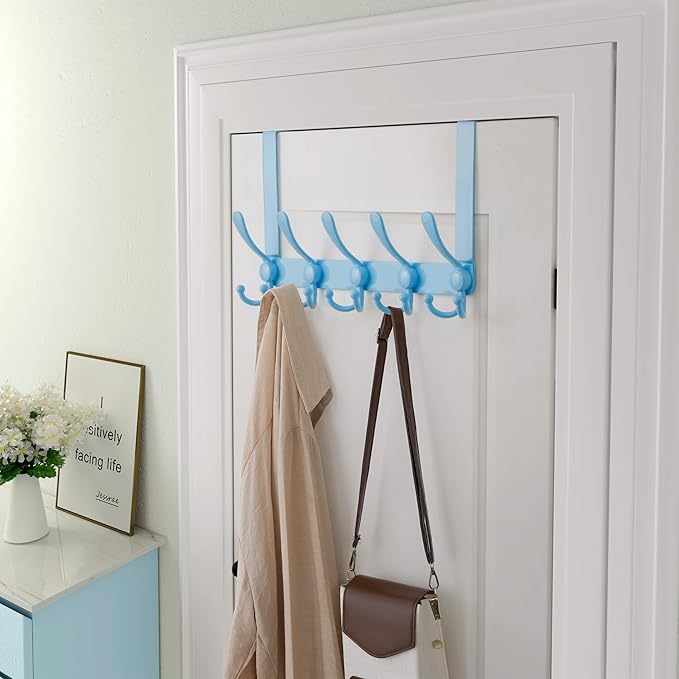 Dseap Over Door Hook 2.0 - Upgraded Version - Simple-Assembly, Strong, Heavy-Duty Stainless Steel 5-Tri-Hook Over The Door Hanger Rack, SimpleStrong Series, Blue