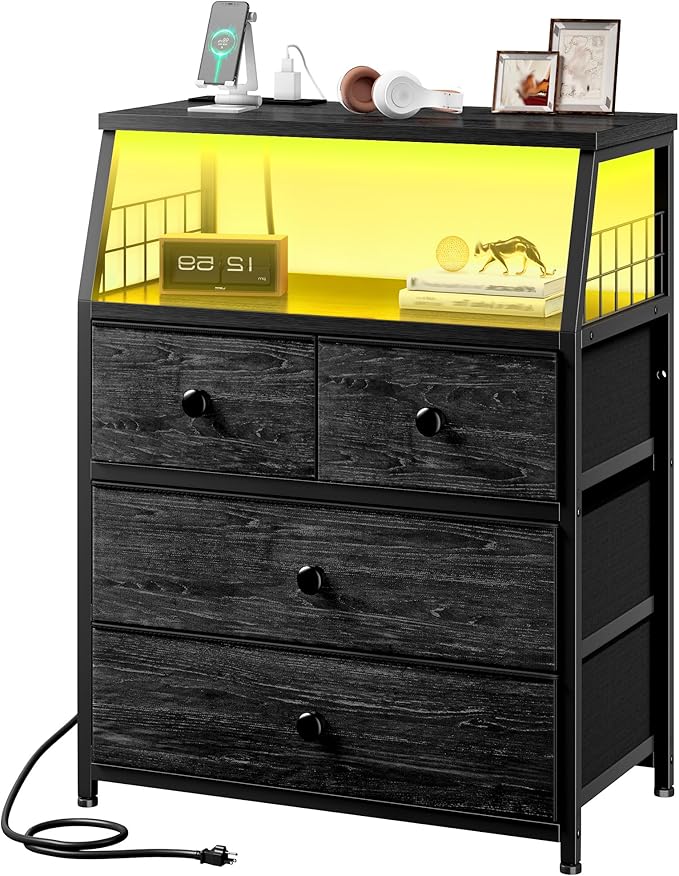 EnHomee Nightstand with Charging Station & LED Lights, 21.8" W Bedside Table with 4 Fabric Drawers, Night Stand with Outlets and 2 Ports for Bedroom, Table with Wood Shelf, Black