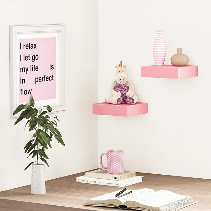 BAMEOS Pink Floating Shelves for Wall, 6" x 6" Wall Shelves for Room, Floating Book Shelves, Hanging Shelves for Bedroom, Bedroom, Living Room, Kitchen (Set of 2)-NeatNest