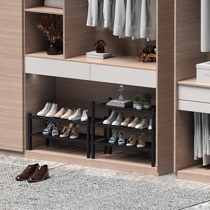 3 Tier (Thick) Bamboo Shoe Rack for Entryway, Small Wood Shoe Shelf Storage Organizer for Closet, Shoe Stand for Hallway, Stackable and Sturdy 27"x12"x21" Black-NeatNest