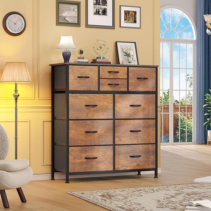 DWVO Dresser with 10 Drawers - Fabric Storage Tower, Organizer Unit for Living Room, Hallway - Sturdy Steel Frame, Wooden Top & Easy Pull Fabric Bins-NeatNest