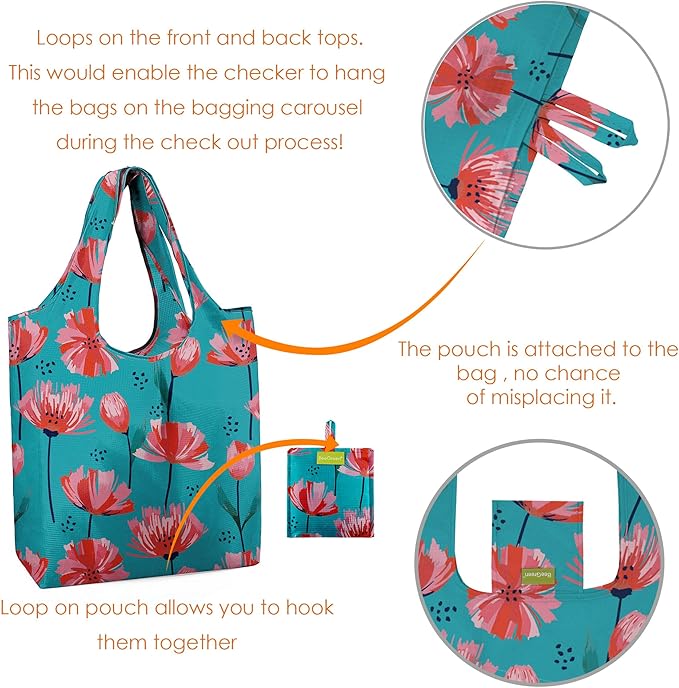 BeeGreen Reusable Grocery Bags 6 Pack, Heavy Duty Totes for Women, Foldable Grocery Bag Large Shopping Totes with Handles for Work, Travel, Gift, Store, Polyester Washable Reusable Tote Bag-NeatNest