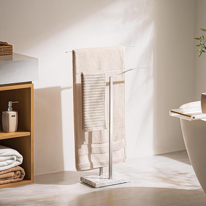 Bathroom Towel Rack Freestanding Floor Stand: Brushed 33in 2‑Bar Weighted Marble Base Towel Holder, Rustproof 304 Stainless Steel Drying Rack for Bath&Hand Towels, No‑Drill Slim Organizer, Spa Pool