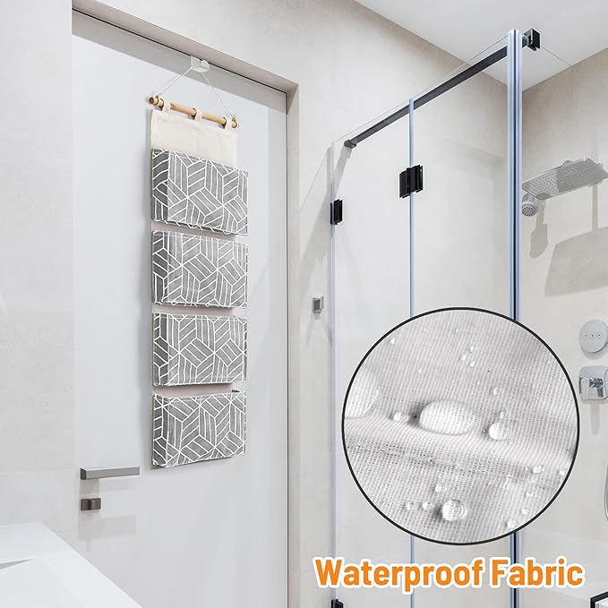 CROWNED 2Pcs Over Door Hanging Storage Bags Wall Mount Closet Organizer, 4 Big Pockets Linen Cotton Fabric Multi Functional Living Room Bedroom Bathroom File Magazine Waterproof Free Hooks Grey-NeatNest