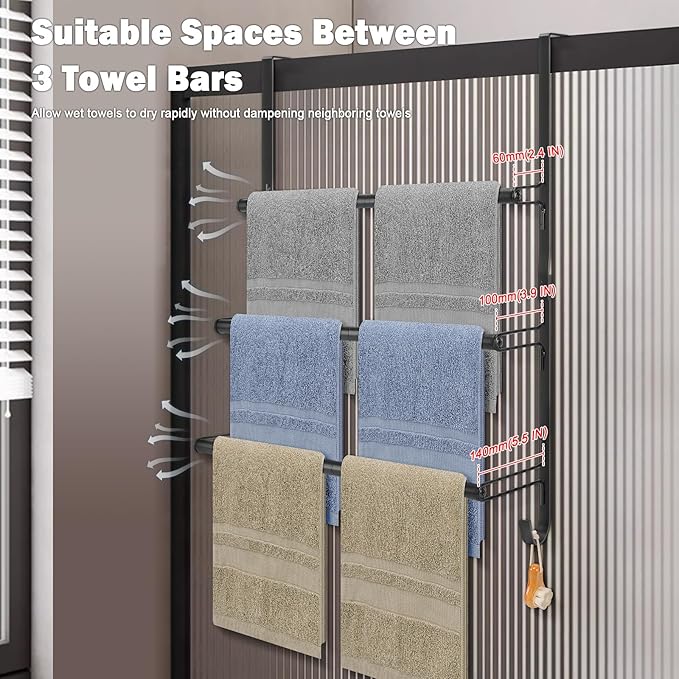 Livabber 3-Tier Over The Door Towel Rack, All Metal Towel Rack with Hooks for Door Hanging, Behind Door Towel Bar Towel Storage Holder for Bathroom Accessories, 19.37" L x 5.9" Wx 24.4" H(Black)