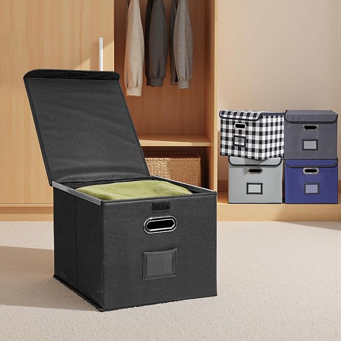 File Organizer Box, Linen Filing Organizer with Lid, Large Desktop File Boxes, Black,2 Pack