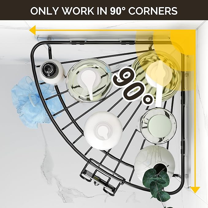 Orimade Corner Shower Caddy with 2 Hooks Wall Mounted Metal Bathroom Shelf Storage Organizer Adhesive No Drilling 2 Pack, Black Only for 90-Degree Corner