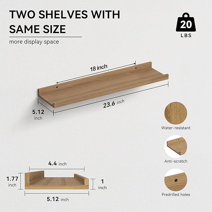 23.6 Inches Long Floating Shelves Wall Mounted, 2 Set Modern Wall Shelf for Bedroom, Nursery Book Shelf with Lip, Picture Ledge Shelf for Wall Decor Living Room Bathroom Kitchen- Oak-NeatNest