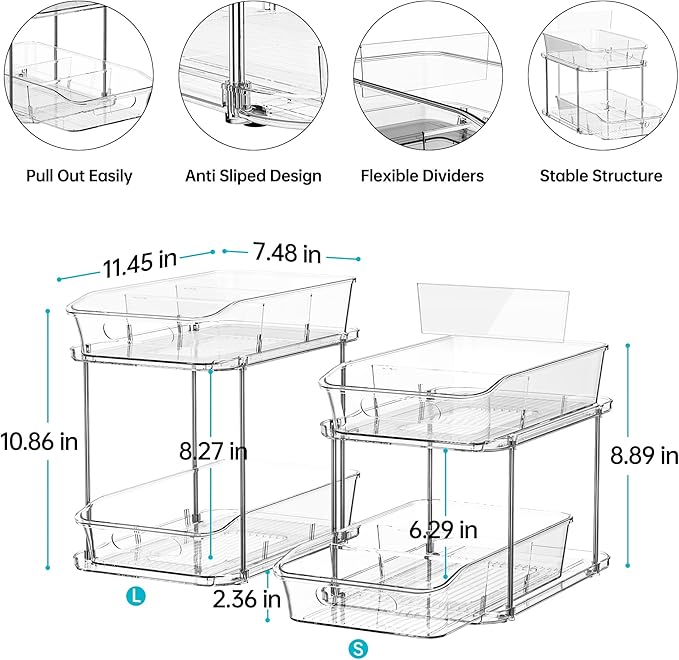 Delamu 2 Sets of 2-Tier Clear Under Sink Organizers and Storage, Multi-Purpose Stackable Bathroom Cabinet organizers, Pull Out Kitchen Pantry Organization and Storage with Dividers-NeatNest