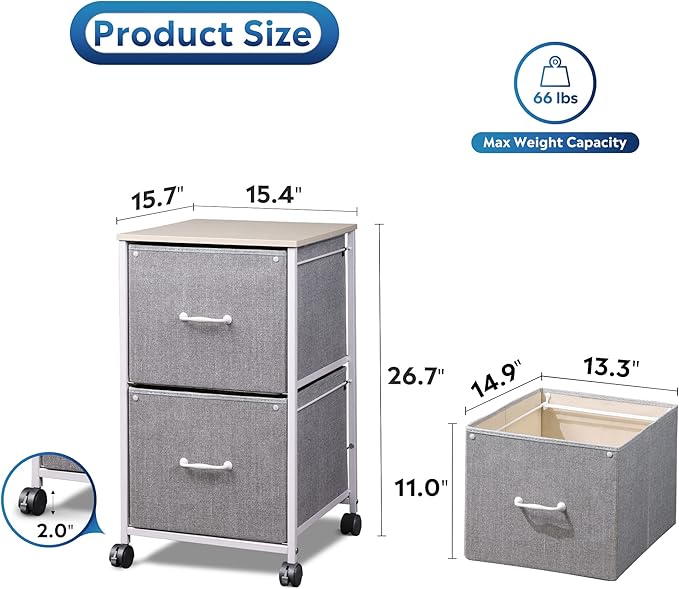 DEVAISE 2 Drawer Mobile File Cabinet, Rolling Printer Stand, Fabric Vertical Filing Cabinet fits A4 or Letter Size for Home Office, Light Grey-NeatNest